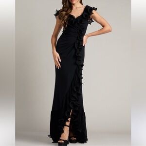 ✨NEW✨Tadashi Shoji Leandra Cascading Ruffle Pleated Gown Maxi Dress black